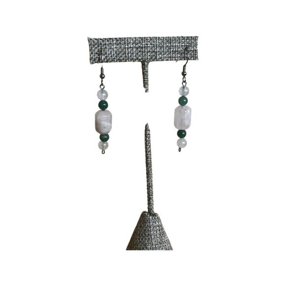 Jadeite and Quartz Hook Earrings, Vintage Drop Earrings - Picture 3 of 5